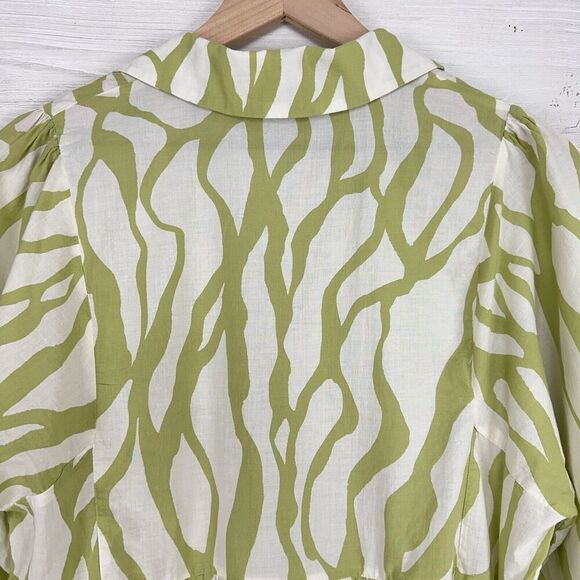 Zara Printed Babydoll Dress S Green Balloon Sleeves Tiered Mini V Neck Tie Fall - Picture 9 of 15